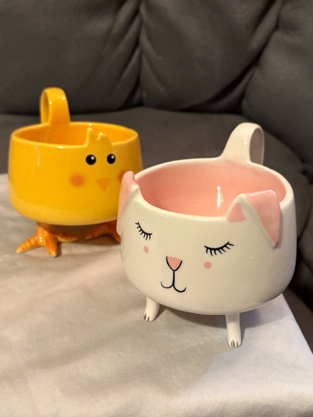 VTG 2000 Arlington Designs Baby Chick & Cat/Bunny Candy Dish or Mug (2 pcs)-EUC